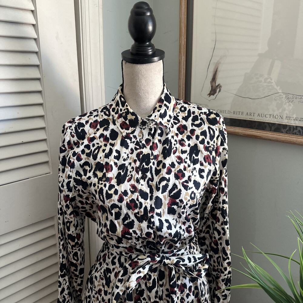 Foxcroft Shirt Dress Womens 12 Cheetah Print Belted Wrinkle Free Cotton Classic - Picture 2 of 11
